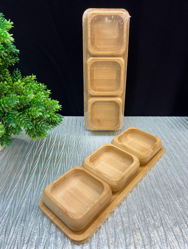 اردو خوری چوبی بامبو ۳ پیاله با زیره مربع