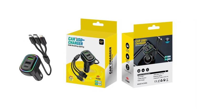 شارژر فندکی 48 وات سه پورت (Type-C و USB) با شارژ سریع و محافظت هوشمند مناسب خودرو