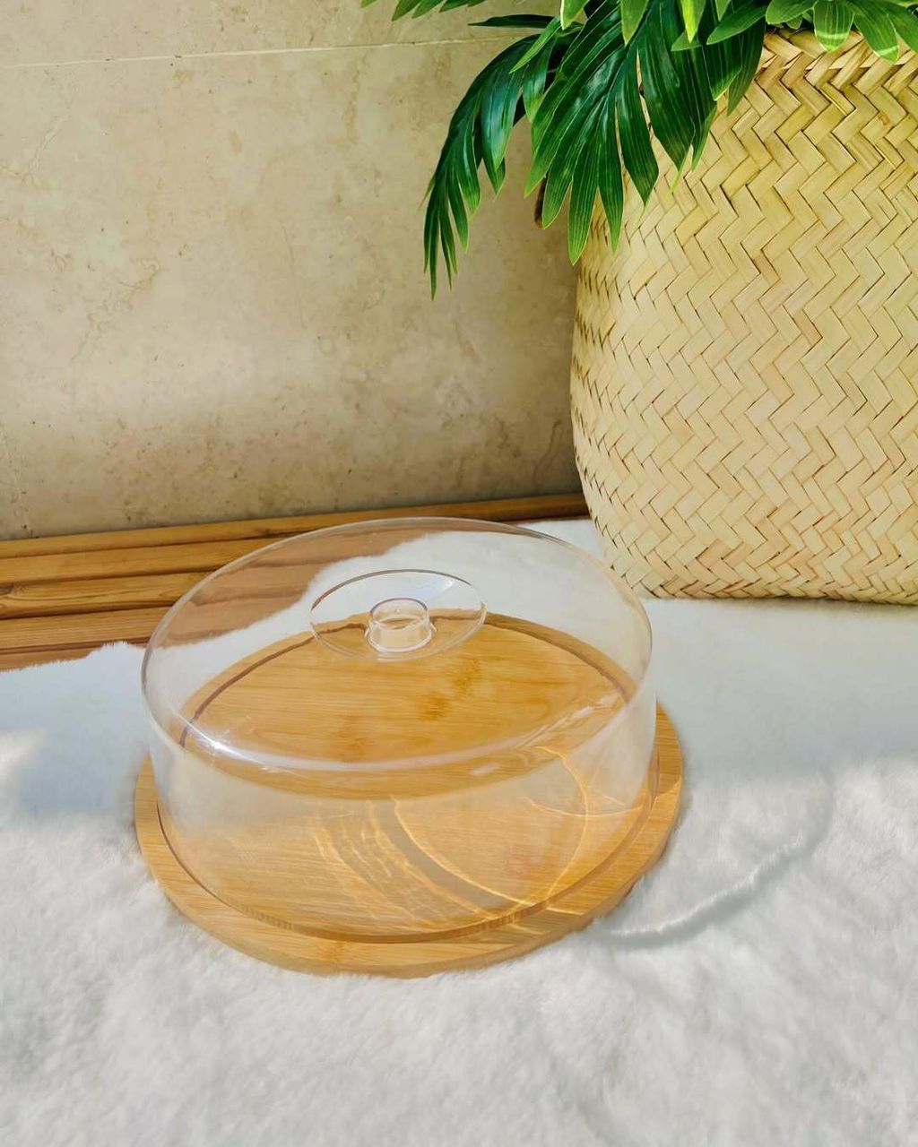 کیک خوری بامبو گرد با درب اکرولیک شفاف