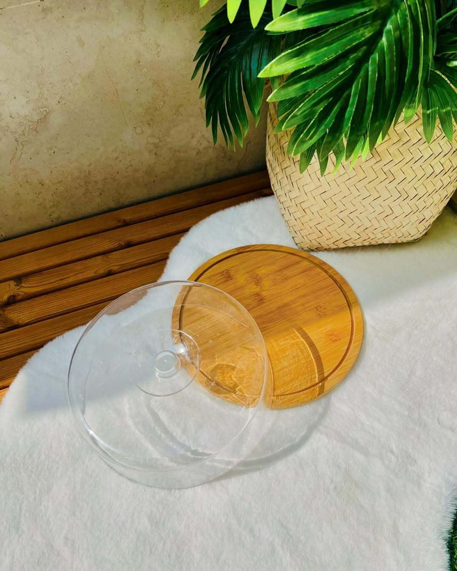 کیک خوری بامبو گرد با درب اکرولیک شفاف