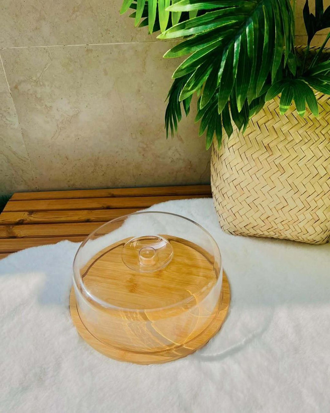 کیک خوری بامبو گرد با درب اکرولیک شفاف