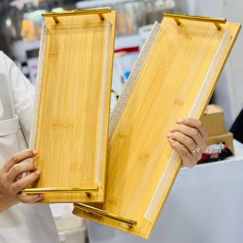 سینی بامبو مستطیل دو عددی دسته طلایی